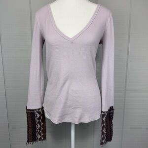 Free People Art School Purple Waffle Thermal Accent Cuff Sweater Plaid Button